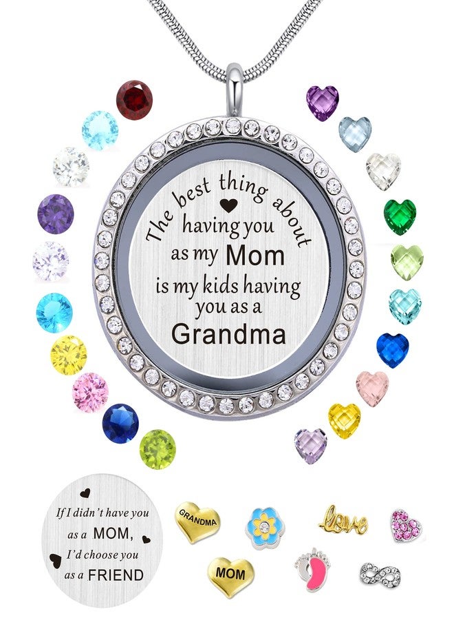 Beffy Best Gifts for Mother Mom Grandma Mammy Mum, Round Living Memory Floating Charm Locket Pendant Necklace with Birthstones & Charms - Image 1